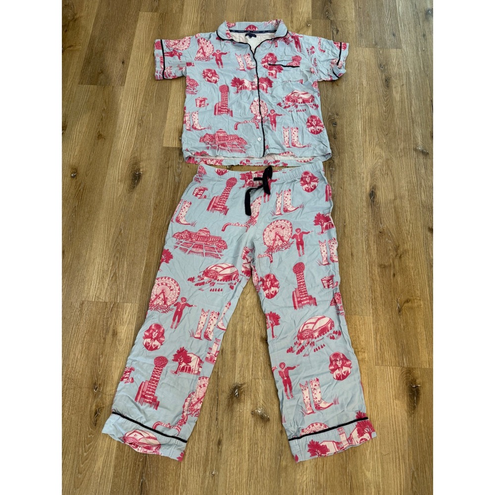 Katie Kime Pajama Set Womens L Blue Pink Texas Toile Cotton Short Sleeve Pants